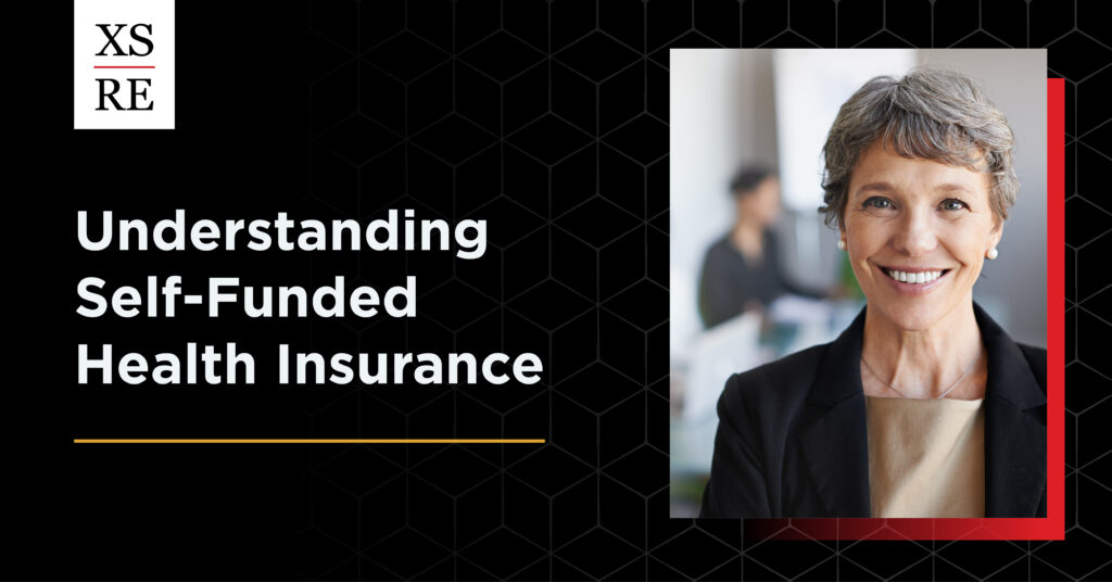 XSRE logo on black hexagonal pattern background. Image shows smiling professional woman with short hair in business attire. White text reads 'Understanding Self-Funded Health Insurance' with gold underline.